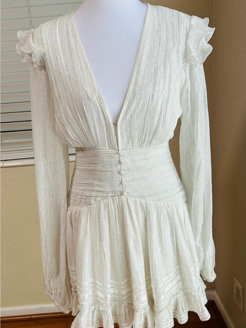 Rococo Sand True Mini dress in white w/ silver Long sleeve. Size Small - Picture 4 of 14
